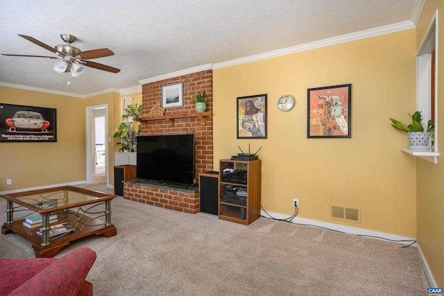 carpeted living room featuring a brick fireplace, ornamental molding, a textured ceiling, and ceiling fan