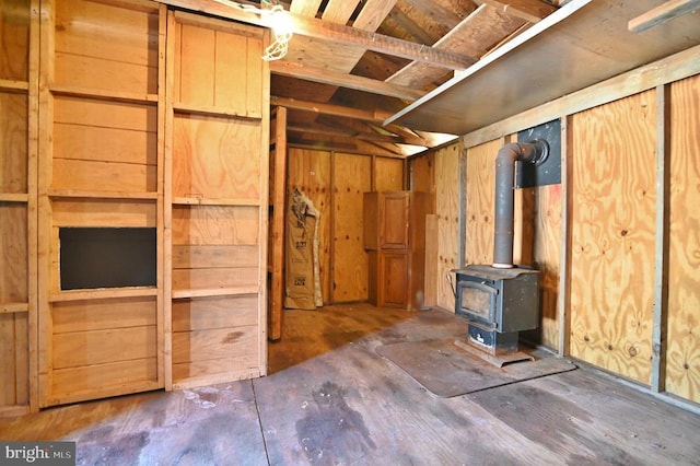interior space featuring a wood stove
