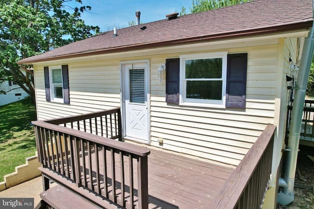 rear view of house featuring roof with shingles