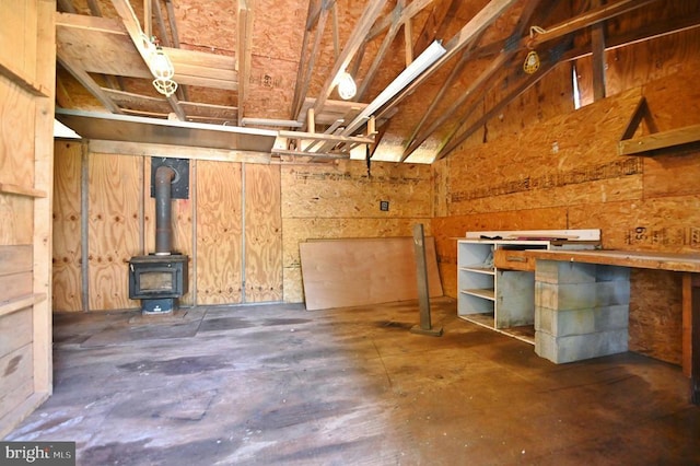 below grade area with a wood stove