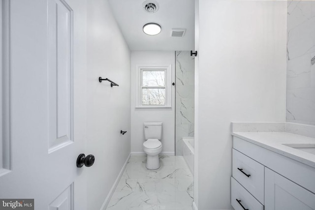 bathroom featuring marble finish floor, visible vents, toilet, vanity, and baseboards