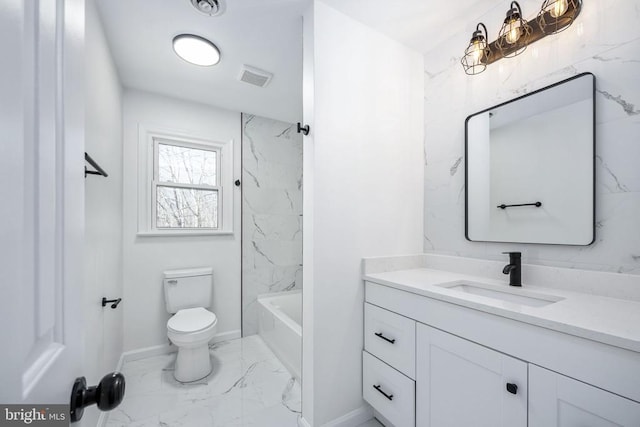 full bath with toilet, visible vents, vanity, baseboards, and marble finish floor