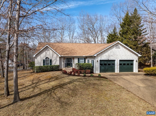 single story home featuring a front lawn, concrete driveway, an attached garage, and a shingled roof