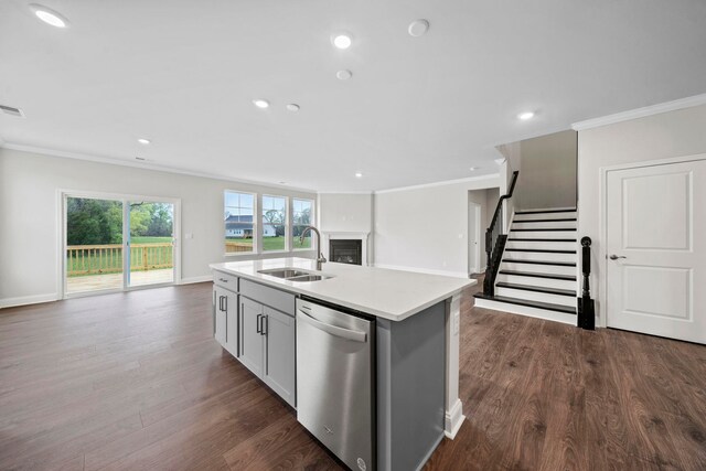 kitchen with a sink, stainless steel dishwasher, open floor plan, and dark wood-style flooring