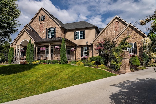 craftsman inspired home with a porch and a front yard