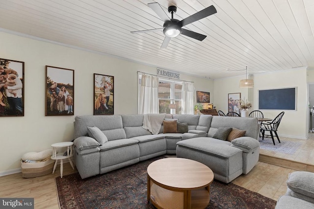 living room with wooden ceiling, light wood-style flooring, baseboards, and ceiling fan