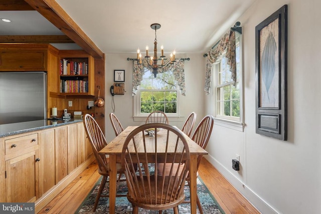 dining space featuring wood-type flooring and a chandelier