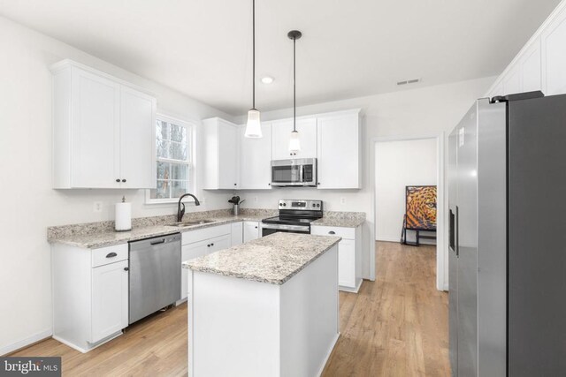 kitchen featuring visible vents, white cabinets, a sink, and stainless steel appliances