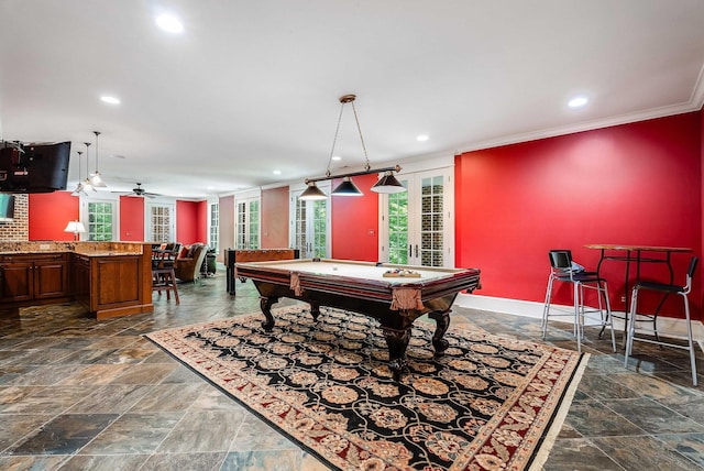 game room with ornamental molding, pool table, ceiling fan, and french doors