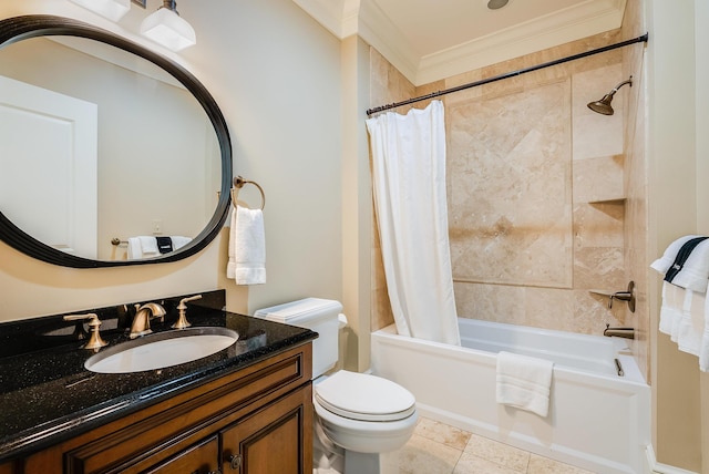 full bathroom with shower / bath combo, tile patterned flooring, vanity, ornamental molding, and toilet