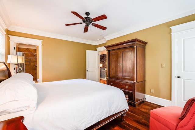 bedroom featuring dark wood-type flooring, ceiling fan, and crown molding