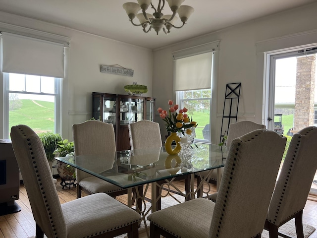 dining area with plenty of natural light, light wood-type flooring, and a notable chandelier