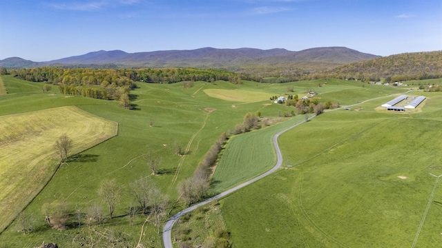 bird's eye view featuring a mountain view and a rural view