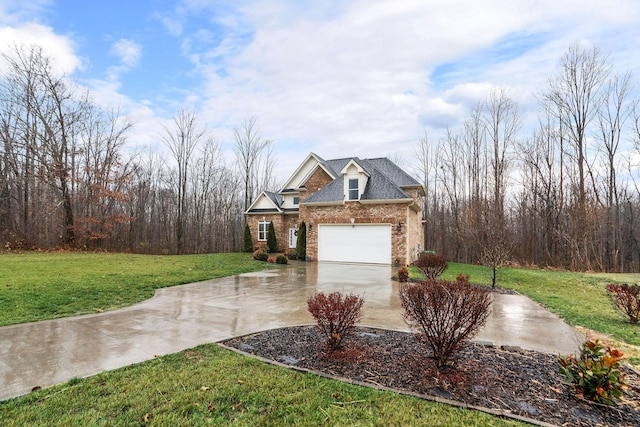 exterior space featuring a garage and a lawn