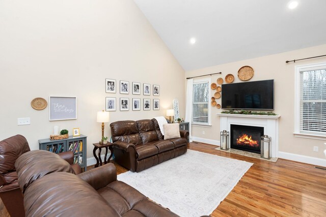 living room with high vaulted ceiling and hardwood / wood-style floors