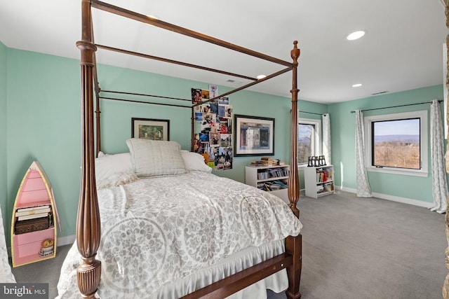 bedroom with recessed lighting, carpet, and baseboards