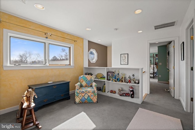 rec room featuring carpet floors, recessed lighting, and visible vents