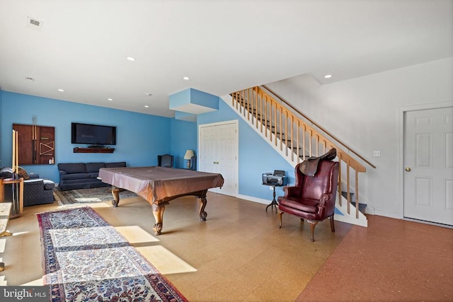 rec room featuring recessed lighting, visible vents, billiards, and baseboards