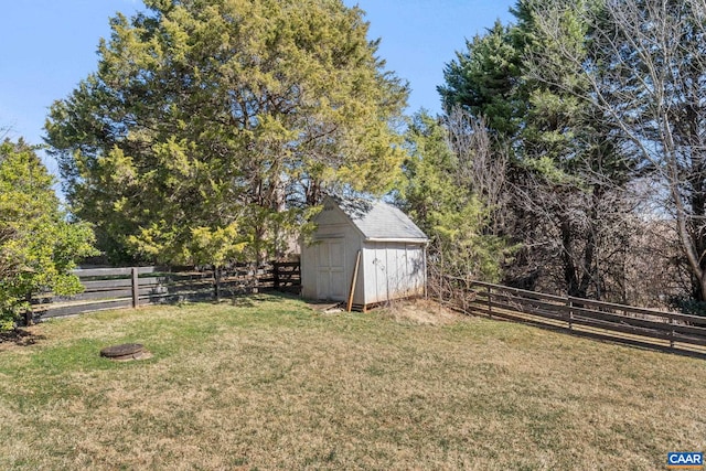 view of yard with an outbuilding, a storage shed, and a fenced backyard