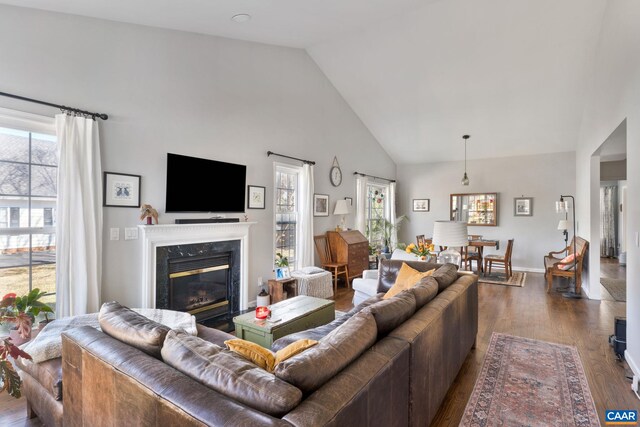 living area with high vaulted ceiling, baseboards, dark wood-type flooring, and a fireplace