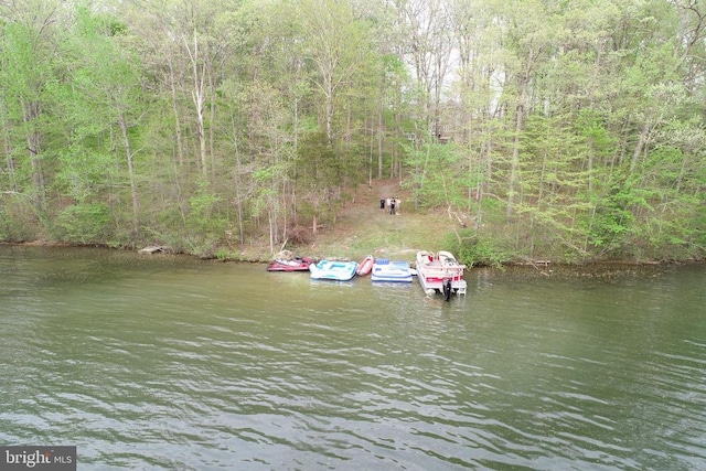 exterior space with a forest view and a water view