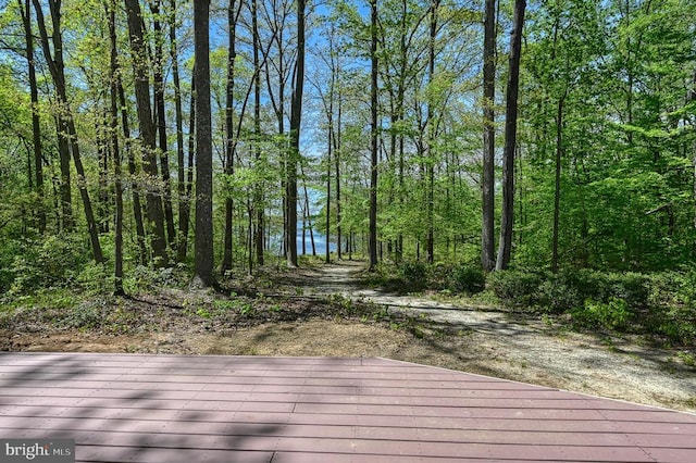 wooden terrace with a wooded view