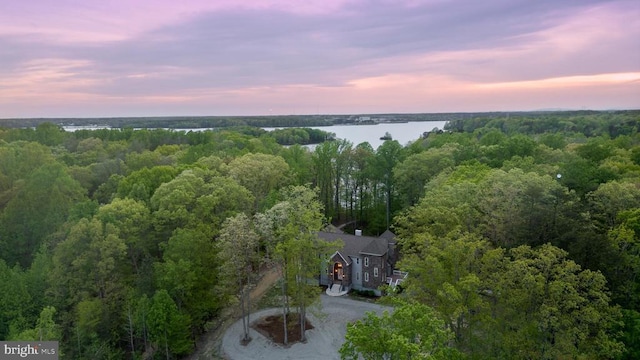 aerial view at dusk featuring a view of trees and a water view