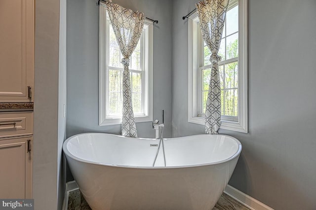 full bathroom with a healthy amount of sunlight, a freestanding bath, and baseboards