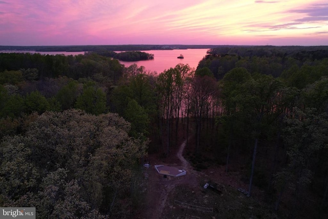 aerial view at dusk with a water view and a wooded view