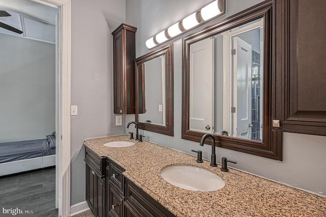 full bathroom featuring double vanity, wood finished floors, and a sink