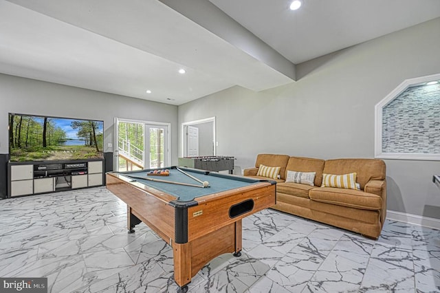 game room featuring recessed lighting, marble finish floor, billiards, and baseboards