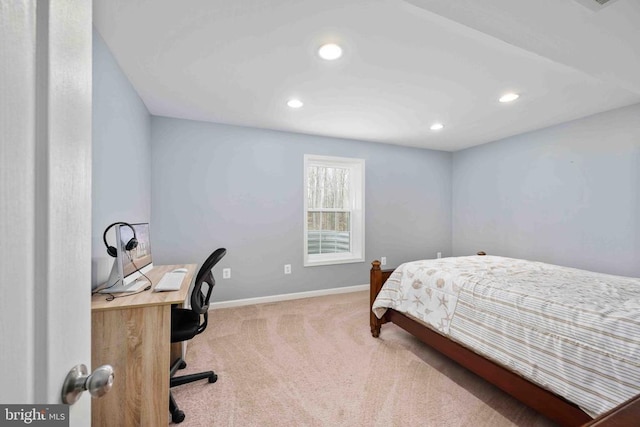 bedroom featuring recessed lighting, carpet, and baseboards