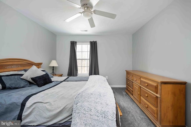 bedroom featuring visible vents, dark carpet, and ceiling fan