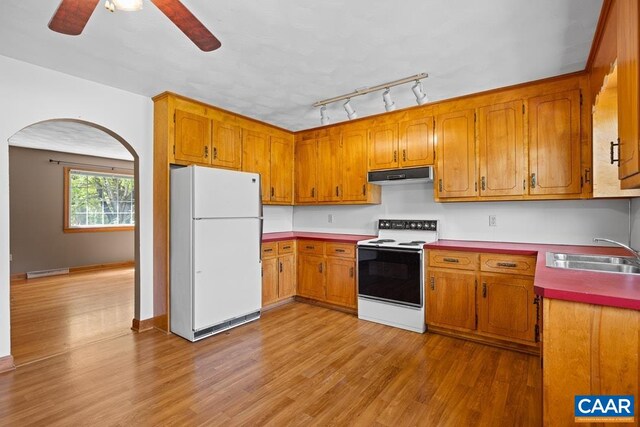 kitchen featuring white appliances, arched walkways, under cabinet range hood, a sink, and light wood-style flooring