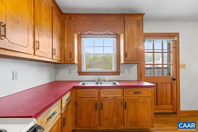 kitchen with a sink, wood finished floors, and brown cabinets