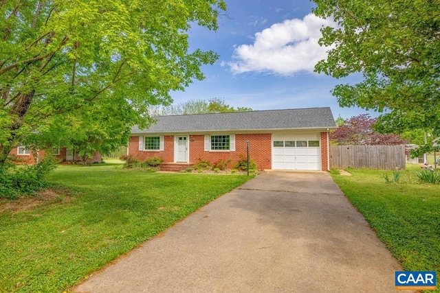 ranch-style house with driveway, brick siding, fence, a front lawn, and an attached garage