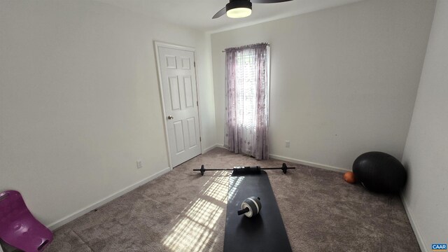 workout room with carpet flooring and ceiling fan