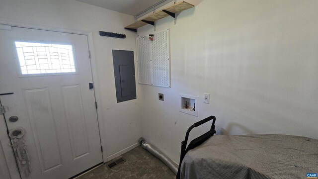 laundry area with electric panel, hookup for a washing machine, and electric dryer hookup