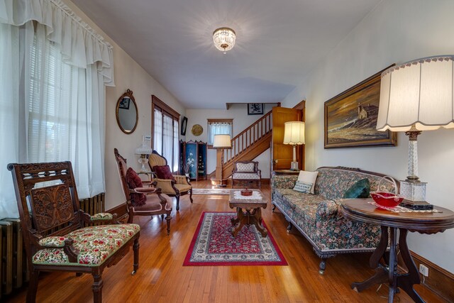 living room featuring wood-type flooring and radiator