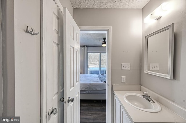 bathroom featuring a textured ceiling, vanity, and wood finished floors