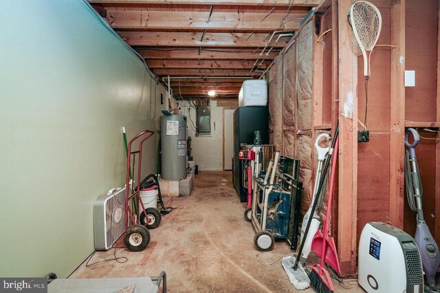 basement with electric panel and water heater