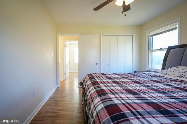 bedroom featuring hardwood / wood-style floors, a closet, and ceiling fan