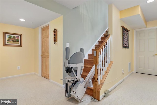 stairs featuring carpet flooring, recessed lighting, baseboards, and visible vents