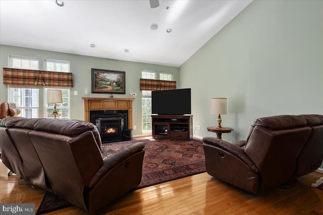 living room featuring plenty of natural light, wood finished floors, a warm lit fireplace, and high vaulted ceiling