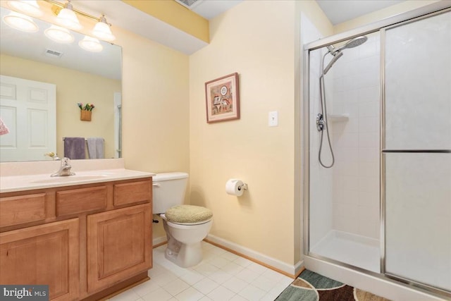 full bathroom featuring visible vents, toilet, baseboards, tile patterned floors, and a shower stall