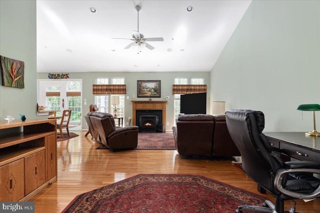 living area featuring a ceiling fan, vaulted ceiling, and light wood-style floors