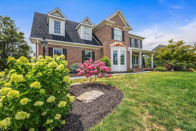 view of front of home with a shingled roof, brick siding, and a front lawn