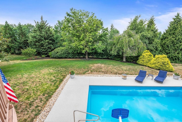 view of pool featuring a patio and a yard