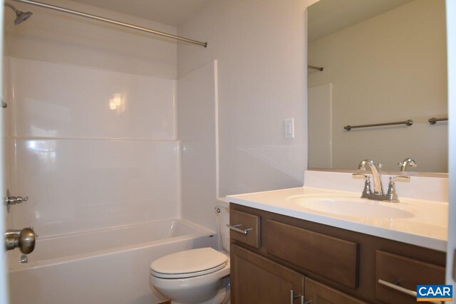 full bathroom with vanity, bathtub / shower combination, and toilet