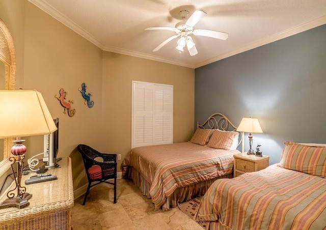 bedroom with light tile flooring, ceiling fan, and crown molding